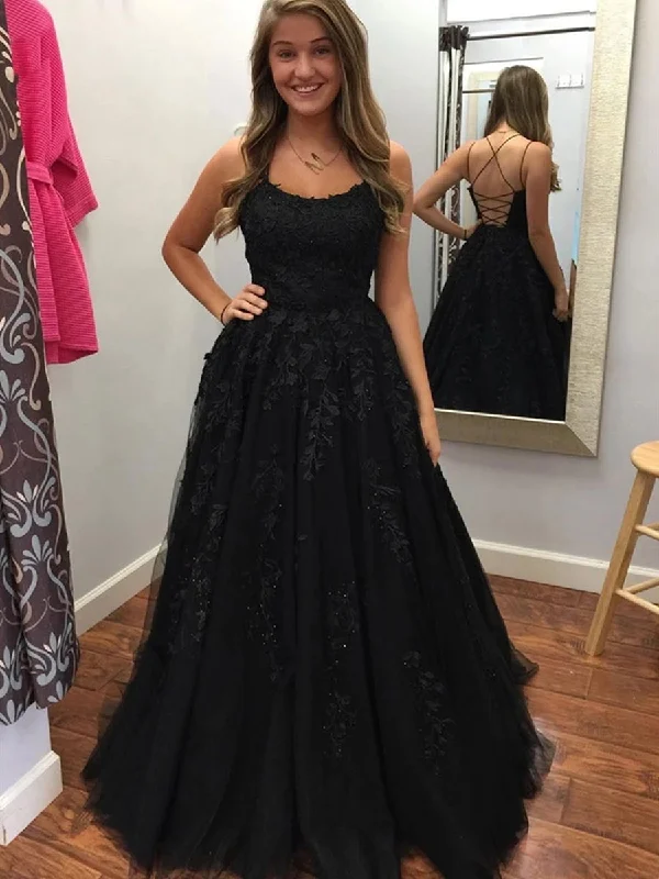 Bargain Prices Elegant Backless Black Lace Tulle Long Prom Dresses, Backless Lace Black Formal Dresses, Black Lace Evening Dresses
