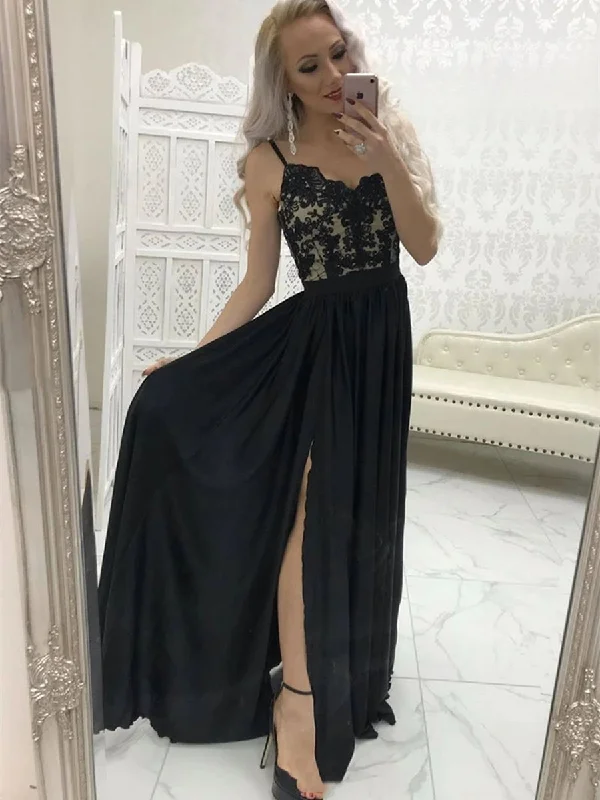 Warehouse Sale A Line Sweetheart Neck Lace Long Black Prom Dresses with Split, Black Lace Formal Graduation Evening Dresses, Black Party Dresses