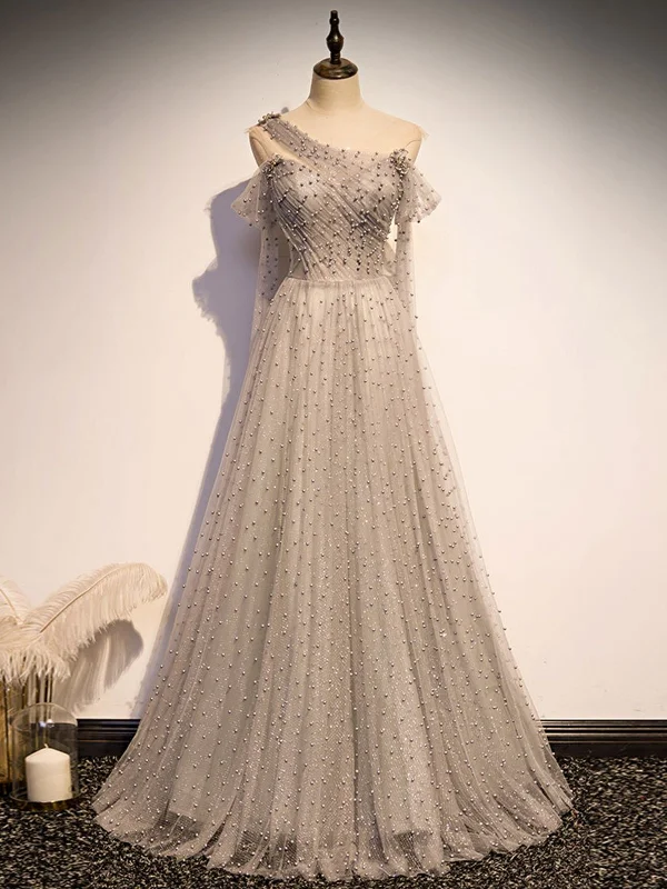 Must-Have Deals One Shoulder Gray Long Prom Dresses with Beads, Long Grey Formal Dresses, Gray Beaded Evening Dresses Must-Have Deals One Shoulder Gray Long Prom Dresses with Beads, Long Grey Formal Dresses, Gray Beaded Evening Dresses