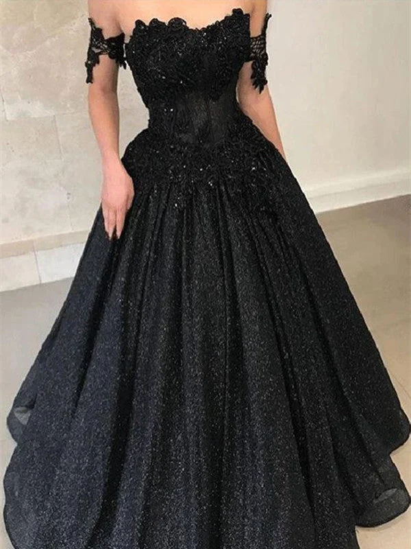Time-Limited Offer A Line Off Shoulder Lace Black Long Prom Dresses, Black Lace Formal Dresses, Evening Dresses