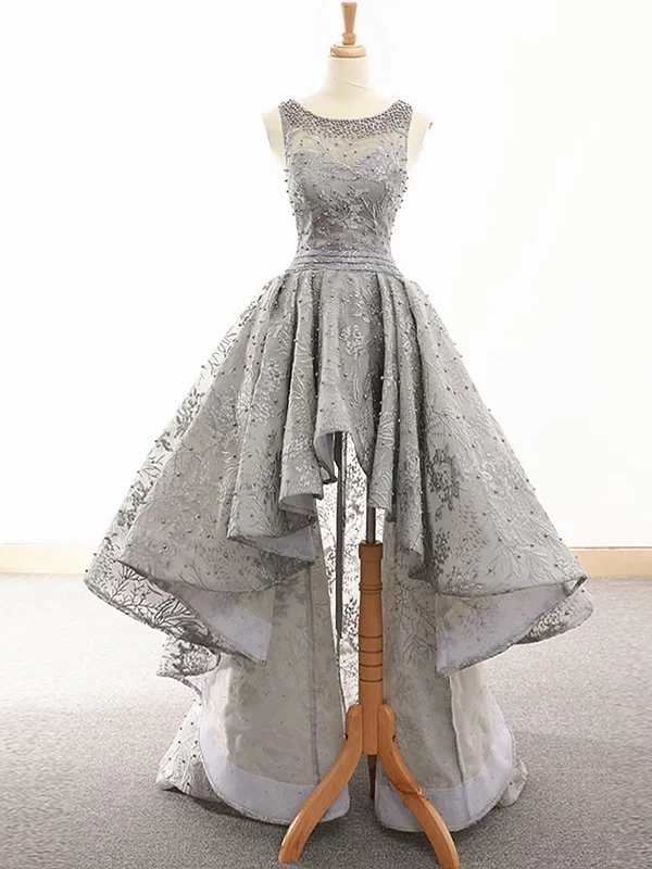 Big Discounts Gray Lace High Low Prom Dresses, Grey High Low Lace Formal Graduation Homecoming Dresses
