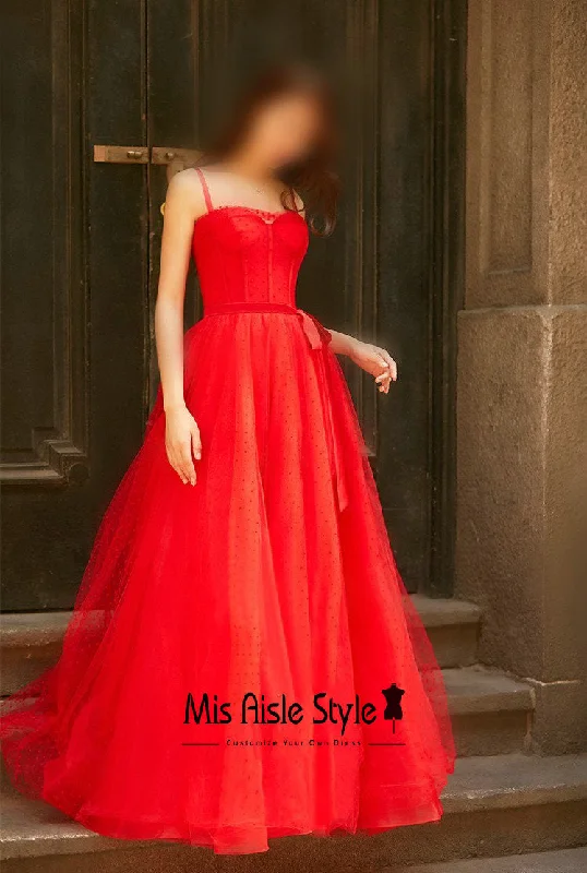 flowy dressflowy dressLong Dot Tulle Red Prom Dress