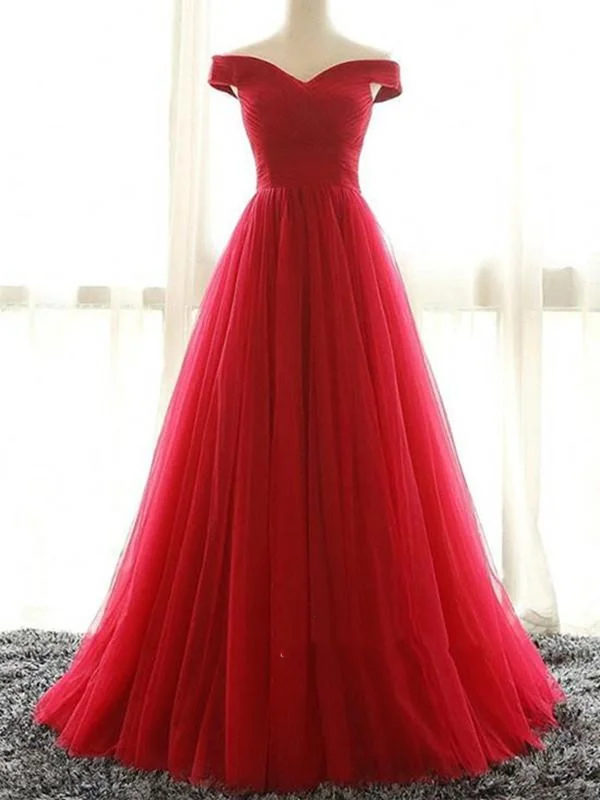 Fantastic Offers Red A Line Off Shoulder Floor Length Tulle Prom Dresses, Off Shoulder Graduation Dresses, Red Formal Dresses