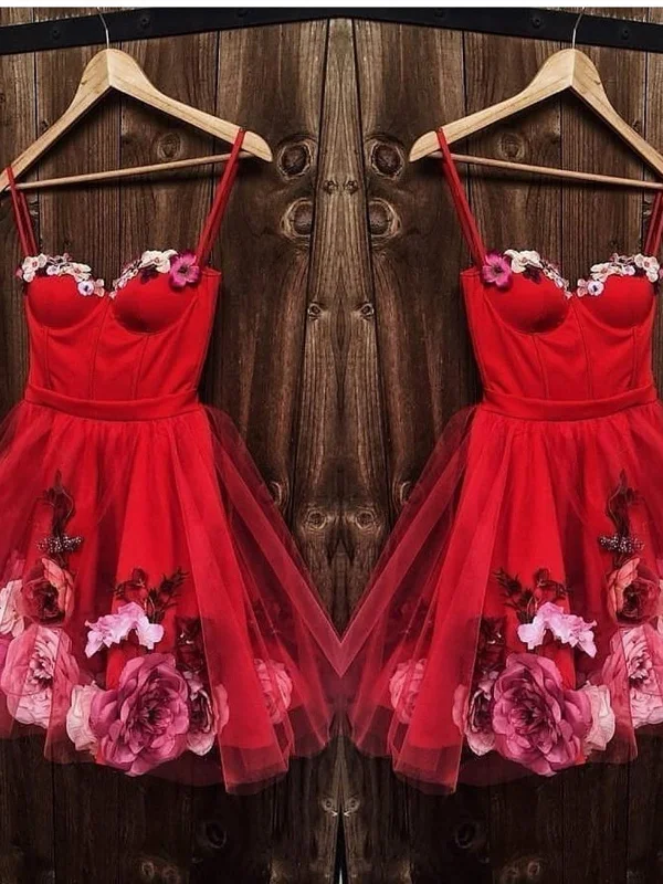Value Deals Sweetheart Neck Short Red 3D Floral Prom Dresses, Short Red Floral Formal Homecoming Dresses