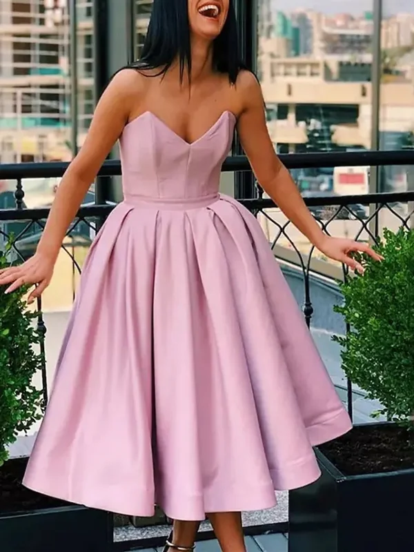 printed dressprinted dressStrapless Tea Length Pink/Champagne Prom Homecoming Dresses, Pink/Champagne Formal Graduation Evening Dresses SP2462