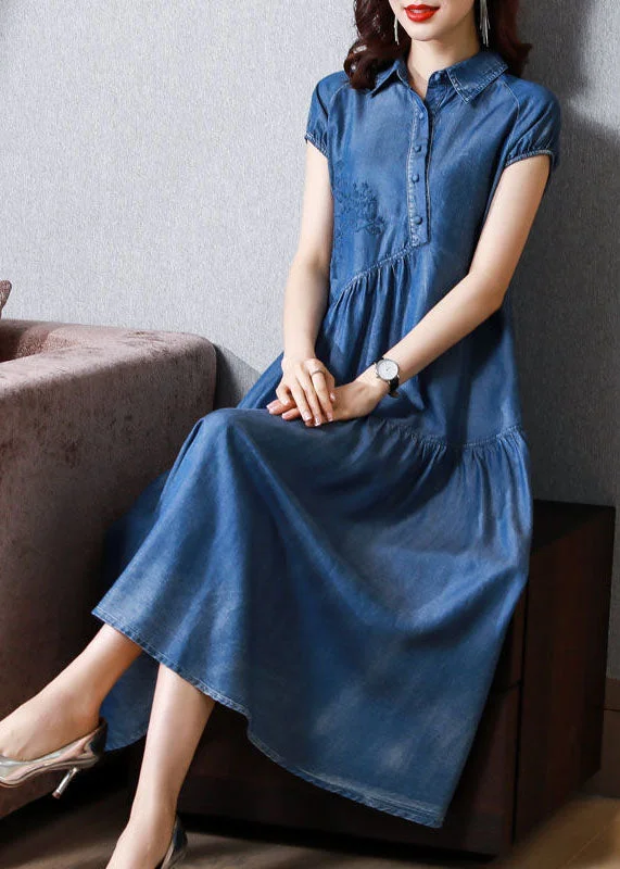 Lowest Price Italian Blue Embroideried Patchwork Exra Large Hem Denim Dress Summer Lowest Price Italian Blue Embroideried Patchwork Exra Large Hem Denim Dress Summer
