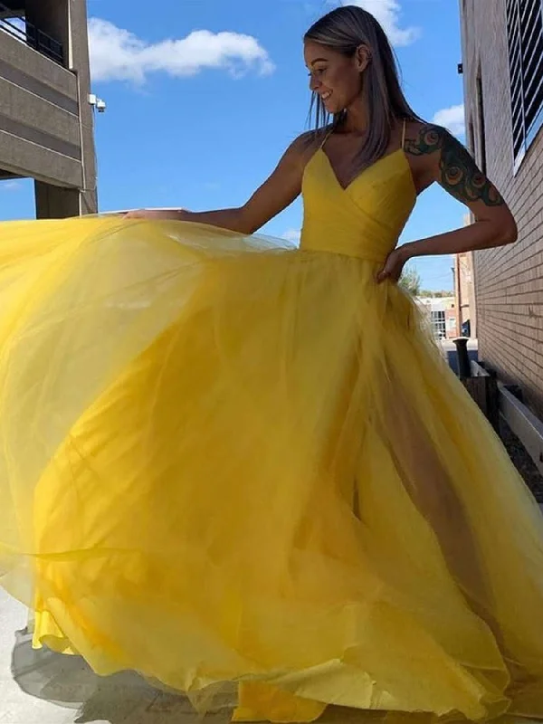 Warehouse Sale A Line V Neck Yellow Tulle Long Prom Dresses, V Neck Yellow Formal Graduation Evening Dresses SP2249 Warehouse Sale A Line V Neck Yellow Tulle Long Prom Dresses, V Neck Yellow Formal Graduation Evening Dresses SP2249
