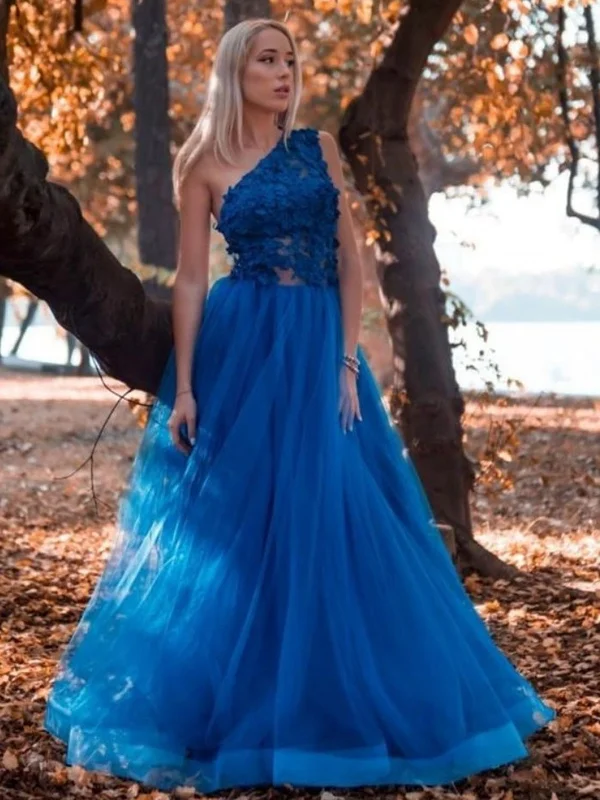 Discount Days One Shoulder Blue Lace Long Prom Dresses, One Shoulder Blue Formal Dresses, Blue Lace Evening Dresses SP2113