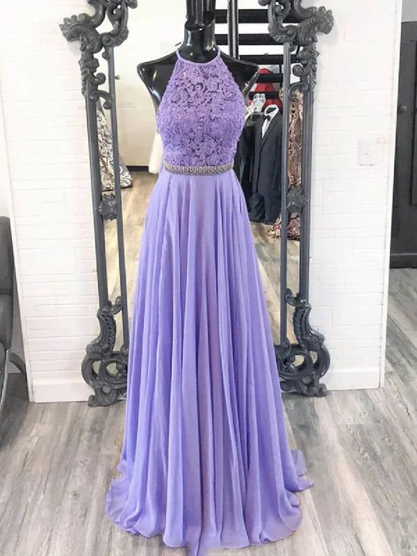 Blowout Deals A Line Halter Neck Purple Lace Prom Dresses with Belt, Lilac Lace Formal Dresses, Purple Evening Dresses
