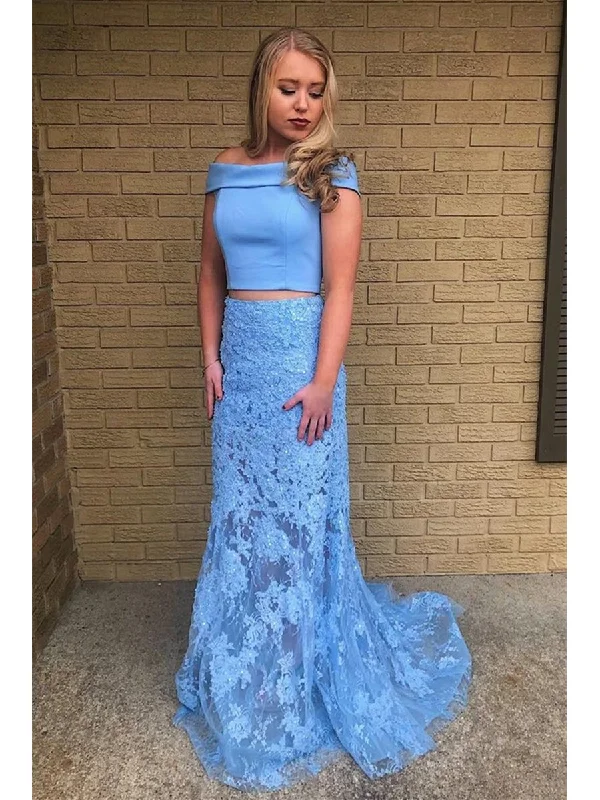 Super Deal Off Shoulder Two Pieces Mermaid Lace Light Blue Long Prom Dresses with Train, Light Blue Lace Formal Dresses, Evening Dresses Super Deal Off Shoulder Two Pieces Mermaid Lace Light Blue Long Prom Dresses with Train, Light Blue Lace Formal Dresses, Evening Dresses