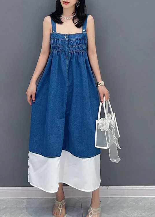 wrap dresswrap dressBrief Denim Blue Slash Neck Patchwork Cinched Button Maxi Dress Summer