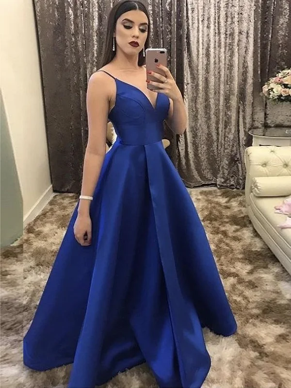 YEAR-End Sale V Neck Spaghetti Straps Royal Blue Long Prom Dresses, V Neck Royal Blue Formal Dresses, Royal Blue Evening Dresses