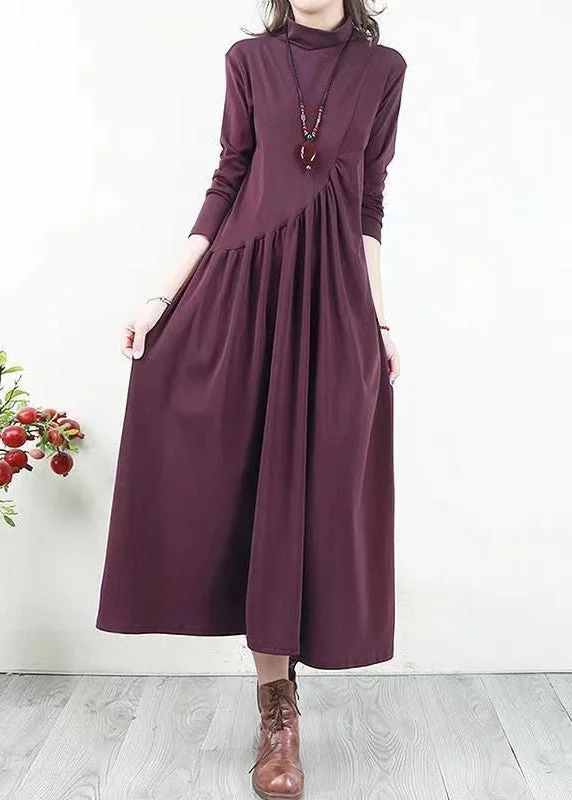Quick Sale Handmade Purple Wrinkled Patchwork Cotton Long Dresses Fall