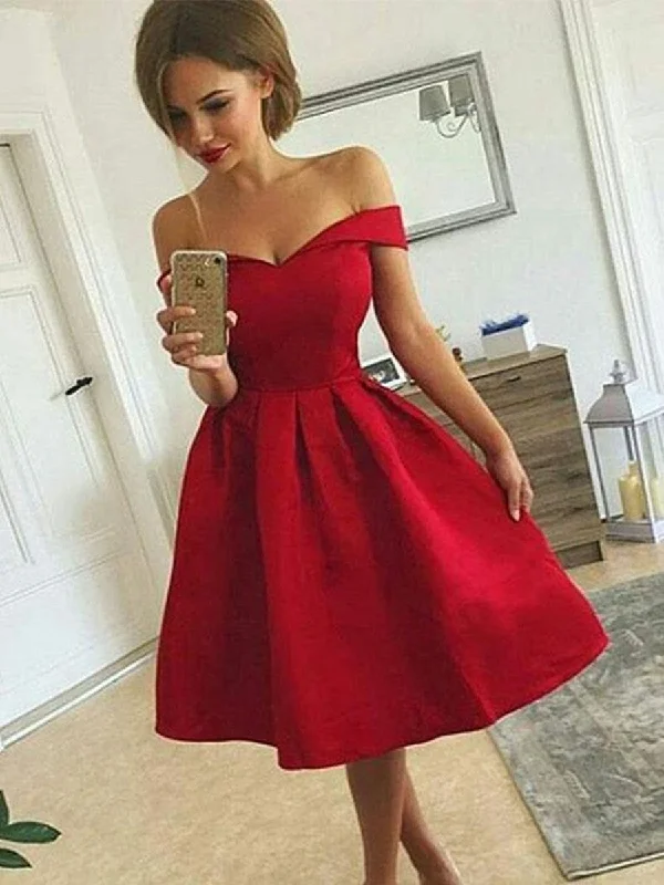 Super Deal Cute Off Shoulder Red Satin Short Prom Dresses, Off Shoulder Red Homecoming Dresses, Red Graduation Dresses, Formal Dresses
