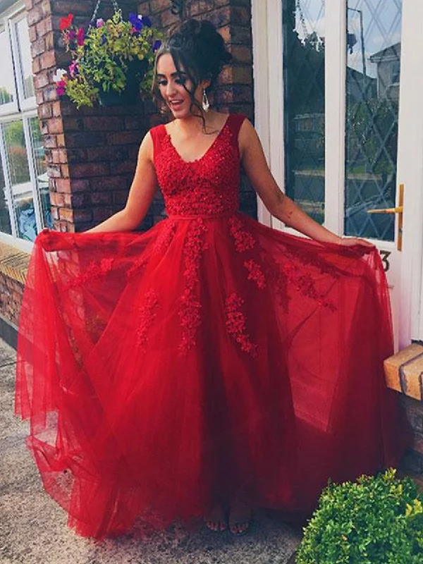 Limited Edition Elegant V Neck Red Lace Long Prom Dresses, Red Lace Formal Dresses, Red Evening Dresses