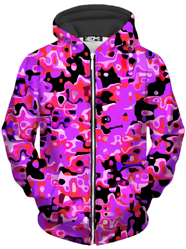 Super Sale Purple Red and Black Rave Camo Melt Unisex Zip-Up Hoodie
