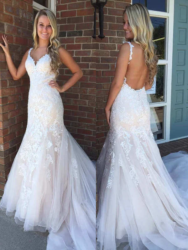 high-waisted dresshigh-waisted dressV Neck Backless Mermaid Champagne Lace Long Prom Wedding Dresses with Train, Champagne Lace Formal Evening Dresses SP2266