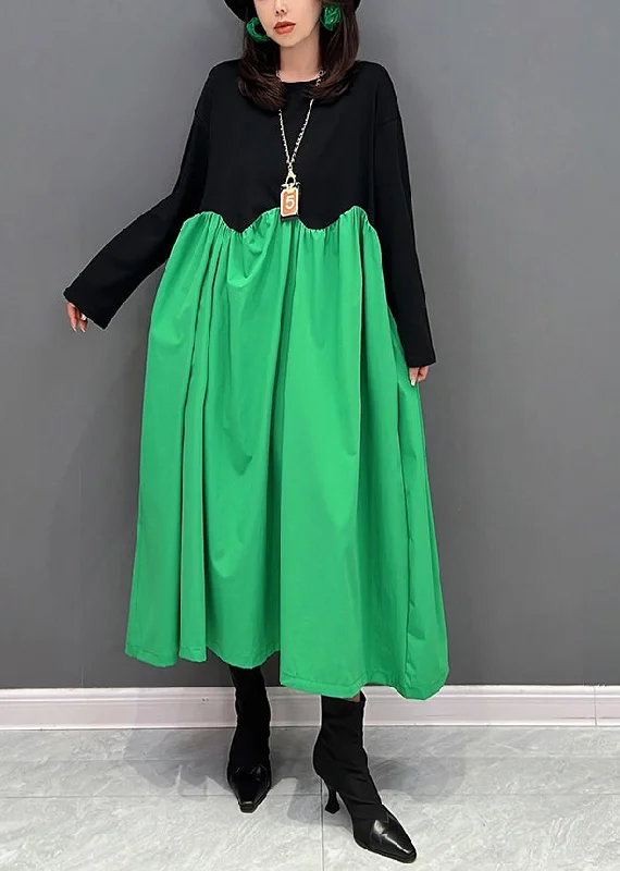 high-waisted dresshigh-waisted dressLoose Green O-Neck Wrinkled Patchwork Maxi Dresses Winter