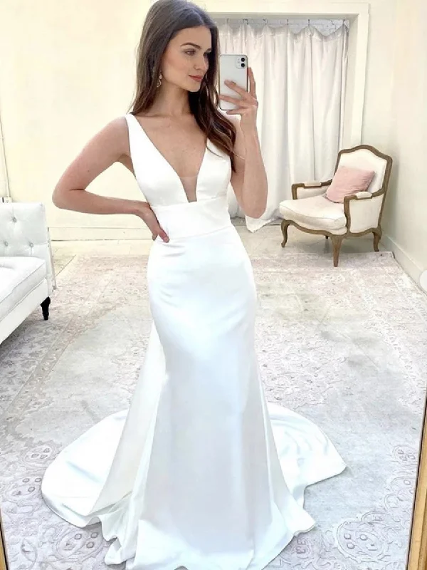 Best Deals Elegant Mermaid V Neck White Satin Long Prom Dresses, Mermaid White Formal Dresses, White Evening Dresses