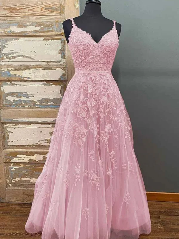 comfy maxi dresscomfy maxi dressA Line V Neck Open Back Pink Lace Long Prom Dresses, Pink Lace Formal Graduation Evening Dresses SP2928