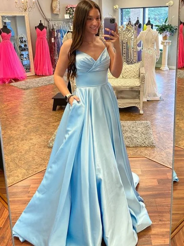 casual slip dresscasual slip dressOpen Back V Neck Blue Long Prom Dresses with Pocket, V Neck Blue Formal Dresses, Blue Evening Dresses SP2702