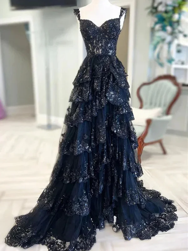 trendy wrap dresstrendy wrap dressA Line Navy Blue Lace Layered Long Prom Dresses with High Slit, Navy Blue Lace Formal Dresses, Navy Blue Evening Dresses SP2920