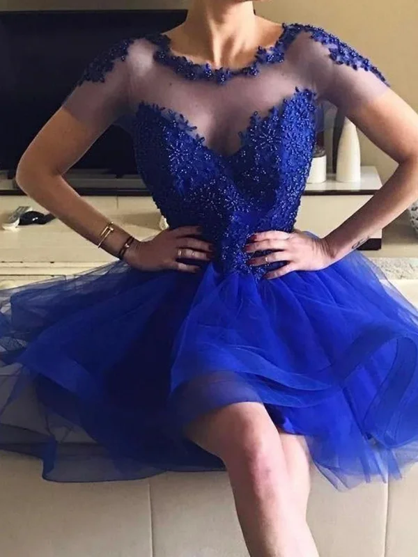 backless dressbackless dressCap Sleeves Round Neck Blue Beaded Prom Homecoming Dresses, Short Blue Formal Graduation Evening Dresses with Beadings SP2458