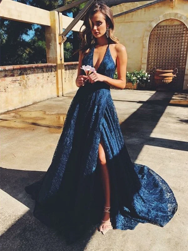 Super Savings A Line V Neck Navy Blue Lace Long Prom Dresses with High Slit, Navy Blue Lace Formal Graduation Evening Dresses SP2154