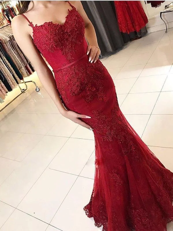 Closeout Mermaid Spaghetti Straps Backless Lace Burgundy Prom Dresses, Burgundy Mermaid Formal Dresses, Evening Dresses Closeout Mermaid Spaghetti Straps Backless Lace Burgundy Prom Dresses, Burgundy Mermaid Formal Dresses, Evening Dresses