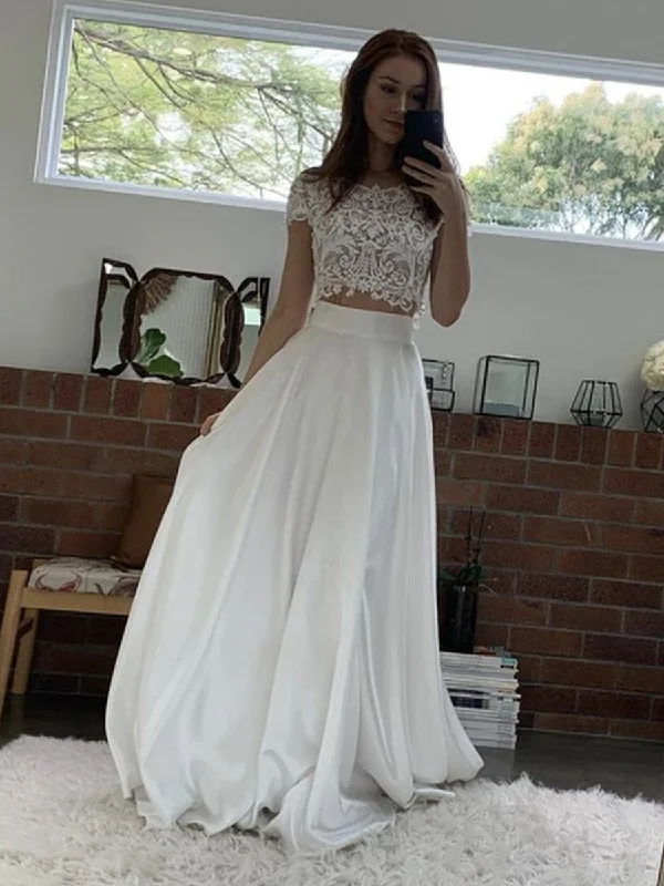 Price Reduction Round Neck Cap Sleeves 2 Pieces White Lace Prom Dresses, Two Pieces White Lace Formal Dresses, White Lace Evening Dresses