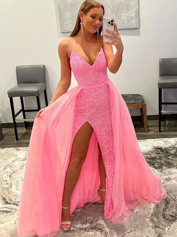 boho dressboho dressShiny Pink Sequins V Neck Mermaid Long Prom Dresses with High Slit, Mermaid Pink Formal Graduation Evening Dresses SP2326