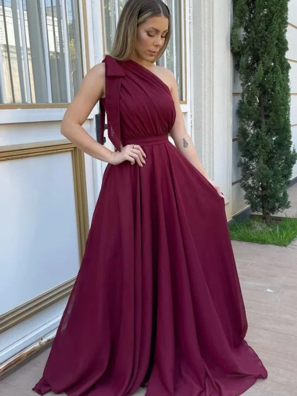 Final Sale One Shoulder Maroon Chiffon Long Prom Dresses, One Shoulder Burgundy Formal Dresses, Burgundy Evening Dresses SP2500