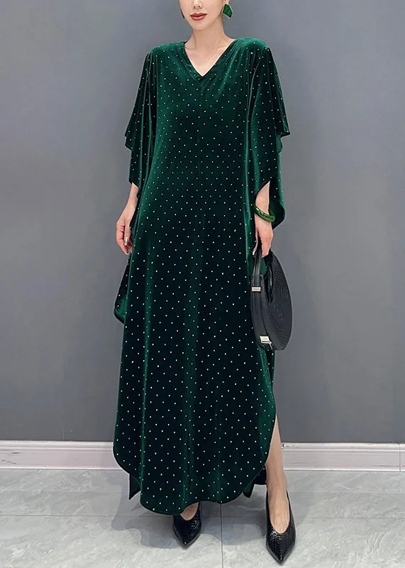 Buy Now Green Side Open Patchwork Velour Long Dress V Neck Batwing Sleeve