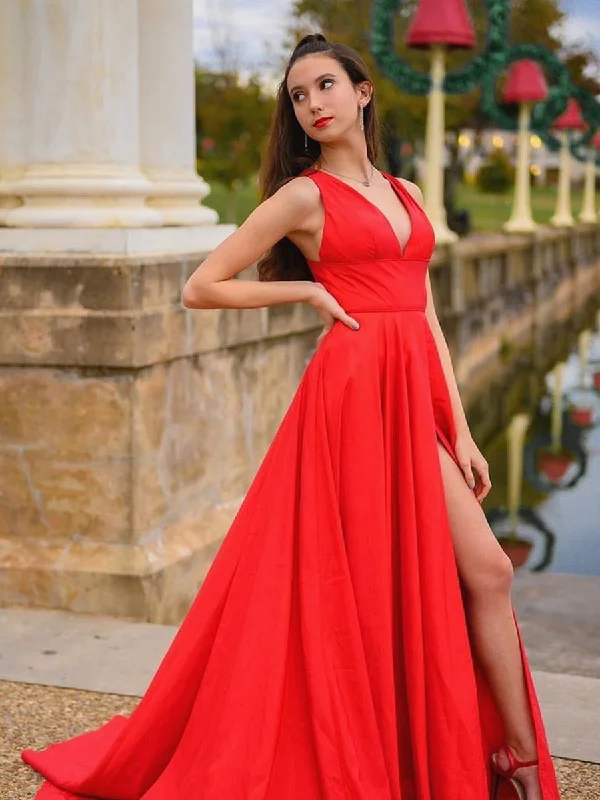 Bonus Savings A Line V Neck Satin Long Red Prom Dresses with High Slit, V Neck Red Formal Dresses, Red Evening Dresses Bonus Savings A Line V Neck Satin Long Red Prom Dresses with High Slit, V Neck Red Formal Dresses, Red Evening Dresses