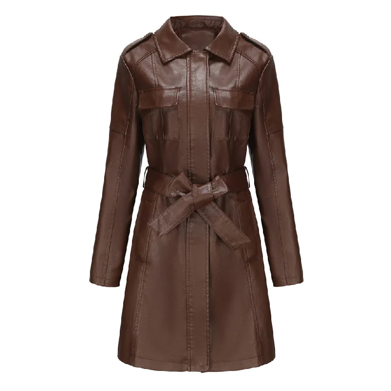 Weekend Deal Vintage Collared Epaulette Long Sleeve Zip Up Belted Faux Leather Trench Coat