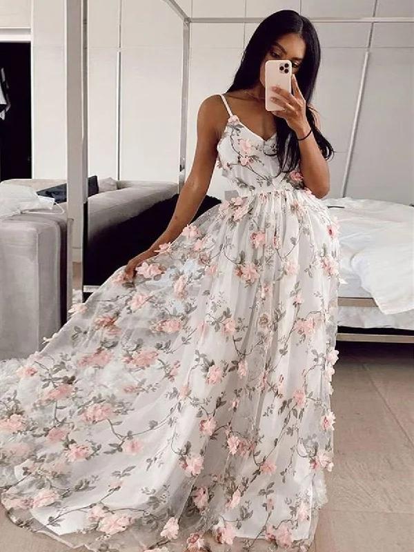 Final Clearance A Line V Neck Pink 3D Flowers White Long Prom Dresses, Pink 3D Flowers Formal Graduation Evening Dresses Final Clearance A Line V Neck Pink 3D Flowers White Long Prom Dresses, Pink 3D Flowers Formal Graduation Evening Dresses