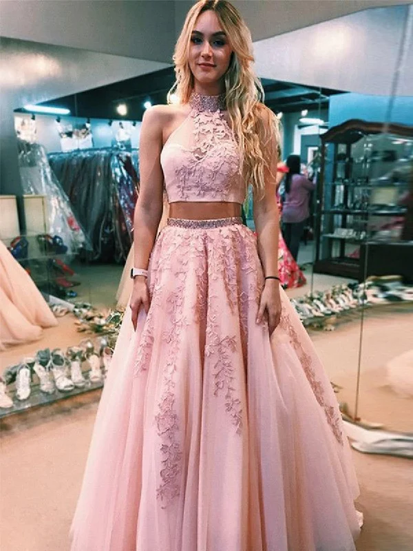 Price Break High Neck Two Pieces Lace Appliques Pink Prom Dresses, Pink Lace Formal Dresses, Two Pieces Pink Evening Dresses