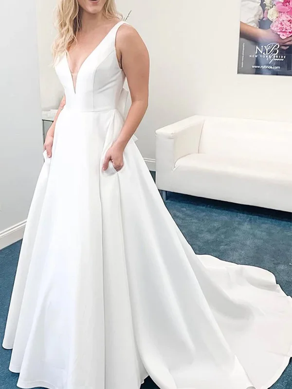 Crazy Deals V Neck Open Back White Satin Long Prom Dresses with Train, V Neck White Formal Graduation Evening Dresses SP2285 Crazy Deals V Neck Open Back White Satin Long Prom Dresses with Train, V Neck White Formal Graduation Evening Dresses SP2285