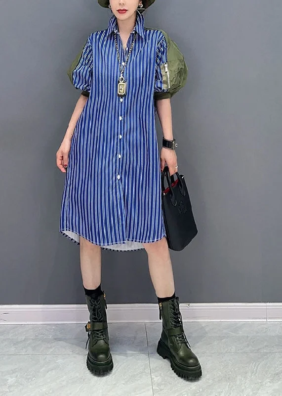 chic dresschic dressArt Blue Striped Peter Pan Collar Patchwork Cotton Shirt Dresses Puff Sleeve