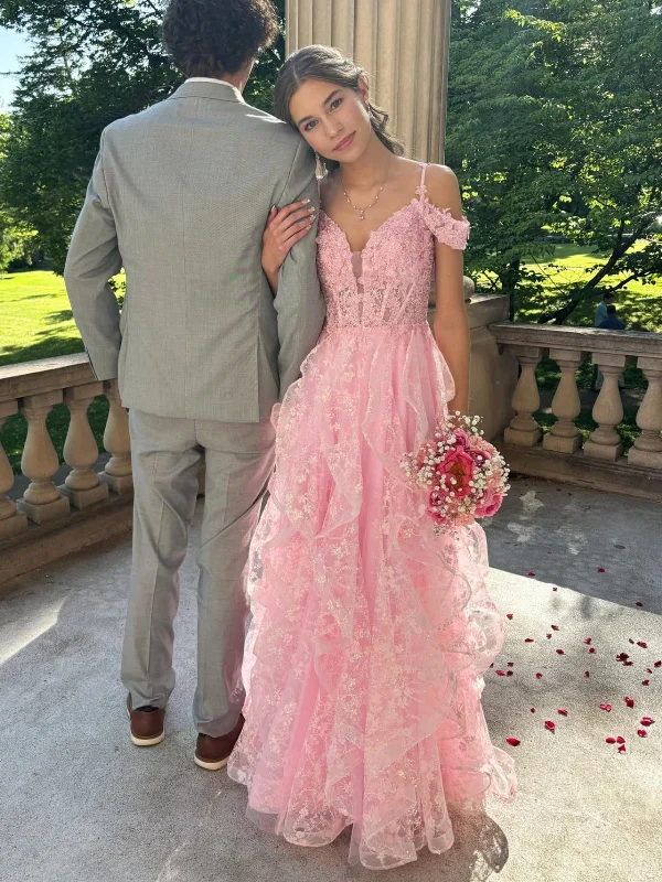 vintage-inspired dressvintage-inspired dressOff Shoulder V Neck Fluffy Pink Lace Floral Long Prom Dresses, Pink Lace Formal Dresses, Pink Evening Dresses with Appliques SP3083