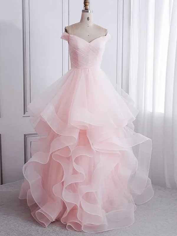Stock Up and Save Off Shoulder Pink Long Prom Dresses, Fluffy Pink Formal Evening Dresses, Ball Gown Stock Up and Save Off Shoulder Pink Long Prom Dresses, Fluffy Pink Formal Evening Dresses, Ball Gown