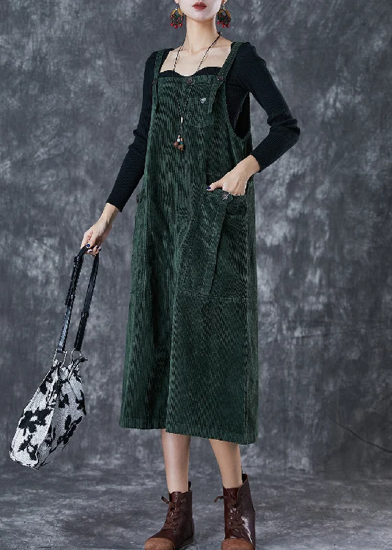 Price Rollback Bohemian Blackish Green Oversized Pockets Corduroy Strap Dress Fall