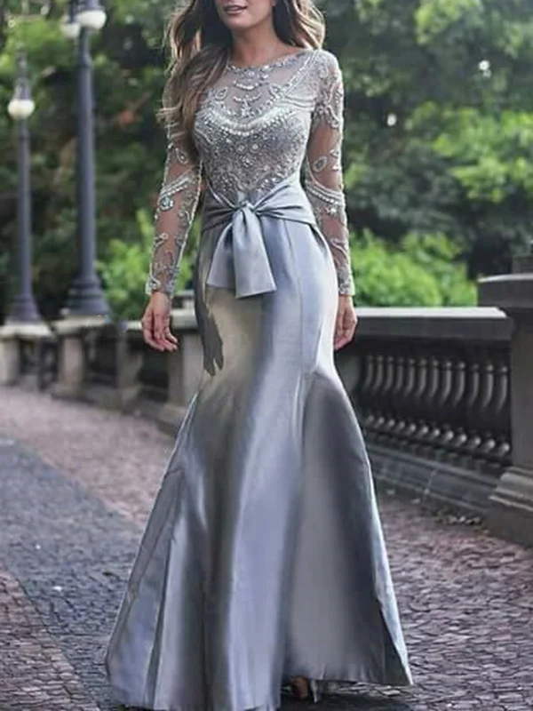 high-waisted dresshigh-waisted dressGorgeous Mermaid Long Sleeves Gray Beaded Long Prom Dresses, Mermaid Gray Formal Dresses, Beaded Gray Evening Dresses SP2124