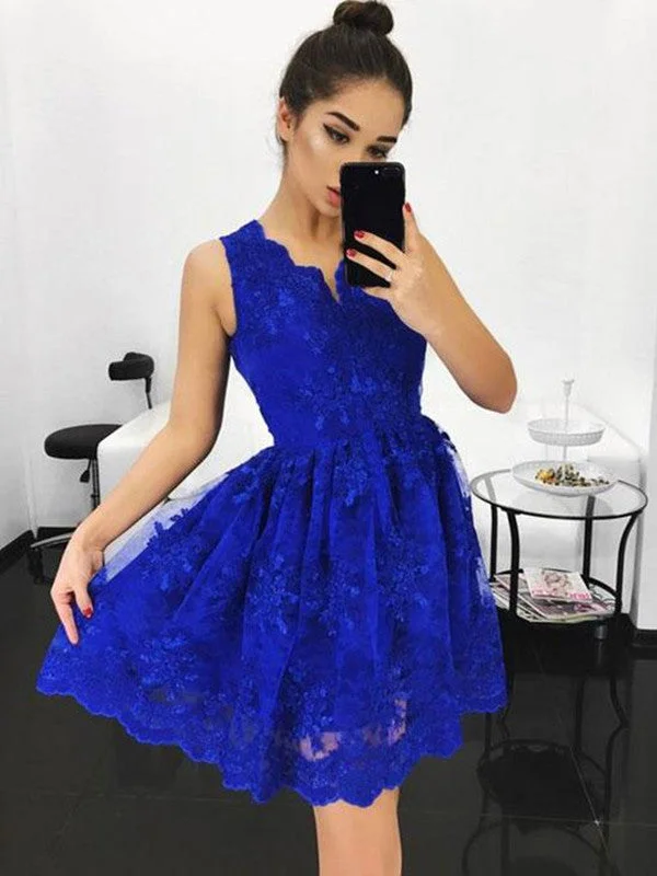 Super Bargain A Line V Neck Lace Blue Prom Dresses, Blue Homecoming Dresses, Short Prom Dresses