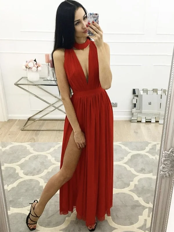 Final Markdown Simple A Line V Neck Red Chiffon Long Prom Dresses with Slit, V Neck Red Formal Dresses, Red Evening Dresses