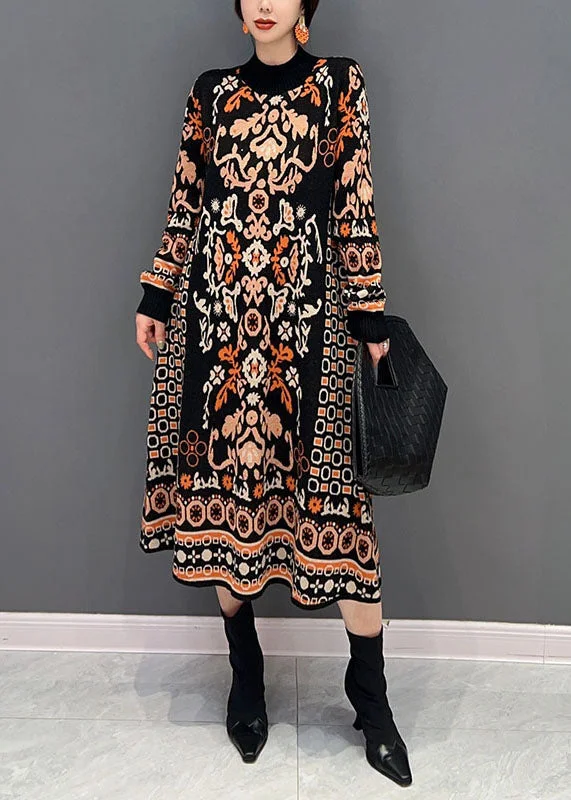 midi dressmidi dressCasual Black O-Neck Print Knit Long Dress Winter