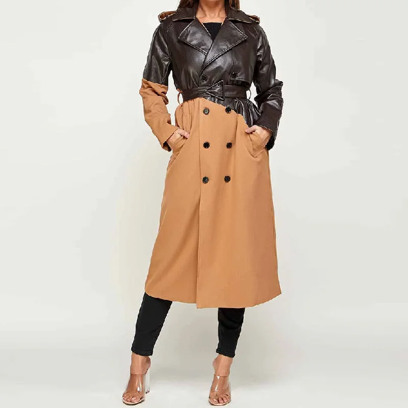 Fantastic Deals Chic Vegan Leather Panel Lapel Collar Double Breasted Belted Trench Coat - Khaki Fantastic Deals Chic Vegan Leather Panel Lapel Collar Double Breasted Belted Trench Coat - Khaki