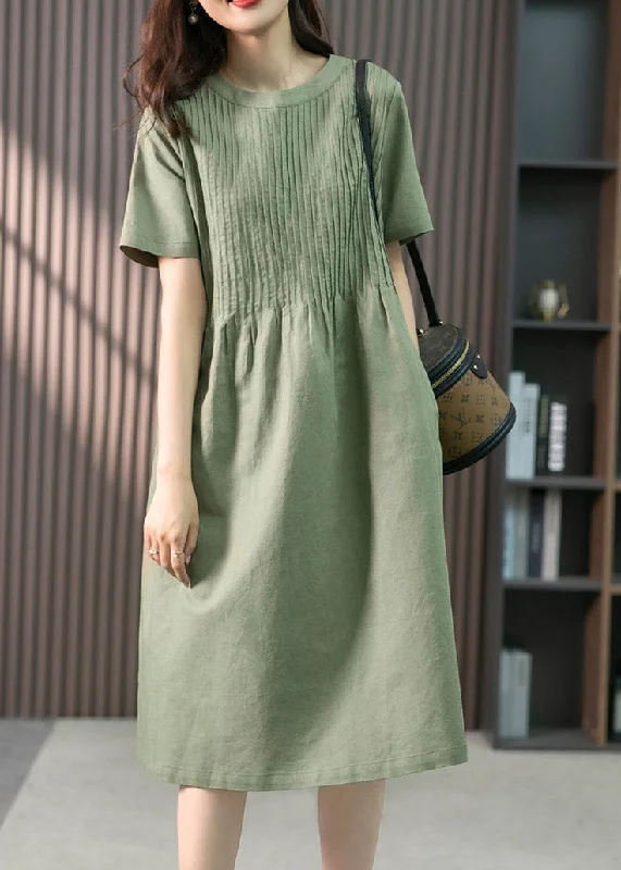 fitted bodycon dressfitted bodycon dressFrench Green O-Neck Wrinkled Linen Dress Short Sleeve