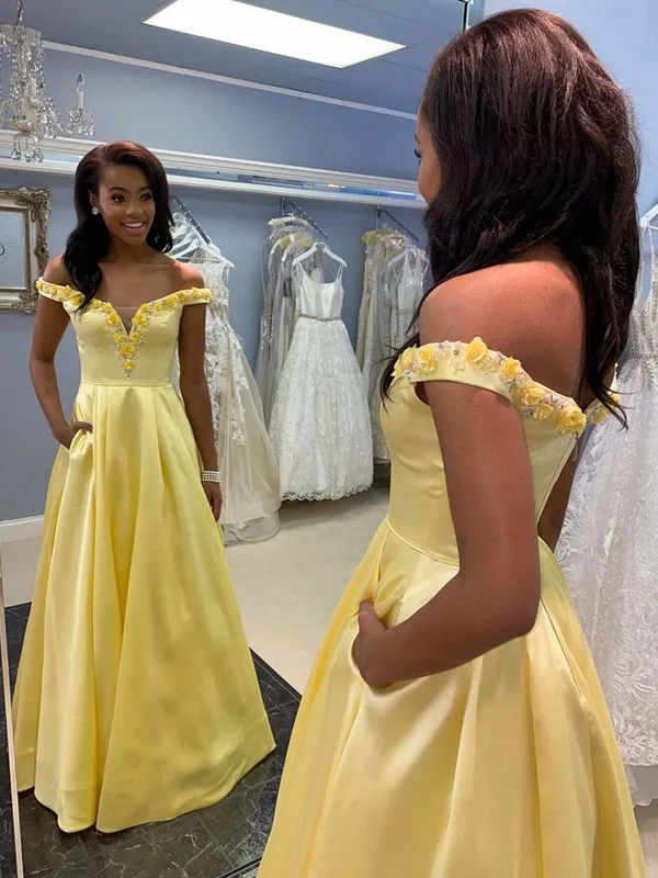 Discount Mania Off Shoulder 3D Flowers Yellow Satin Long Prom Dresses, Yellow Floral Formal Dresses, Yellow Evening Dresses