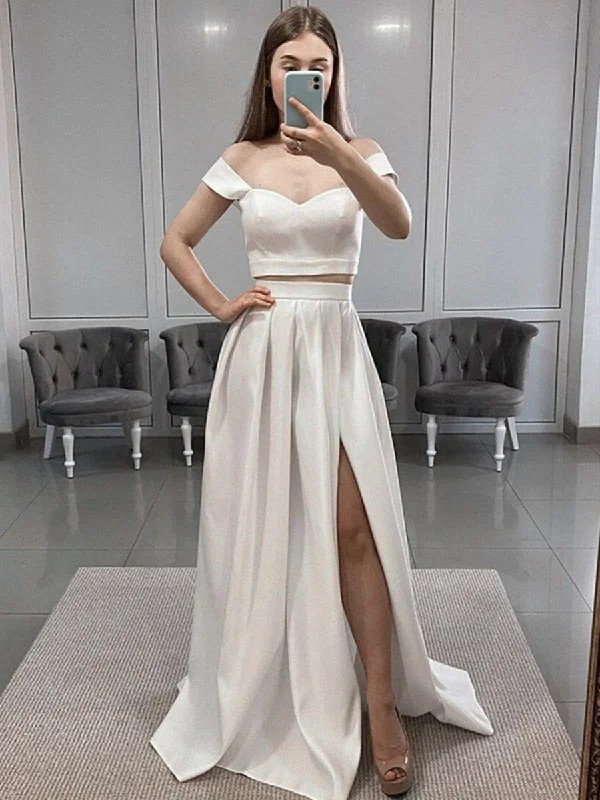 Don't Wait Off Shoulder 2 Pieces White Satin Long Prom Dresses, Two Pieces White Formal Dresses, Off the Shoulder White Evening Dresses Don't Wait Off Shoulder 2 Pieces White Satin Long Prom Dresses, Two Pieces White Formal Dresses, Off the Shoulder White Evening Dresses